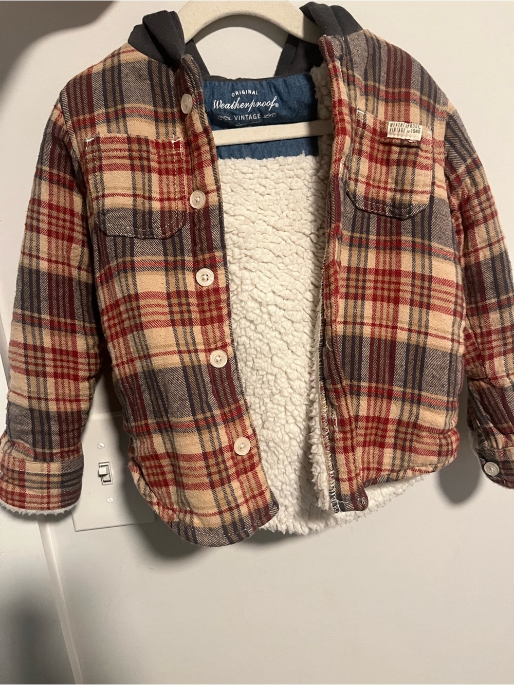 Weatherproof Plaid Flannel Shirt Jacket - Red, Cream & Blue